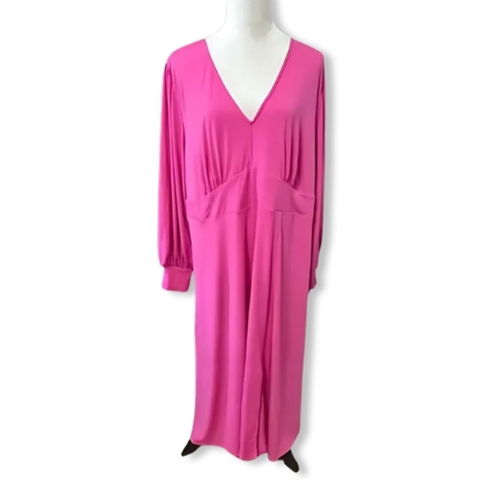 Eloquii A-Line Midi Dress V-Neckline Long Sleeves Vibrant Pink Women's 22 NWOT